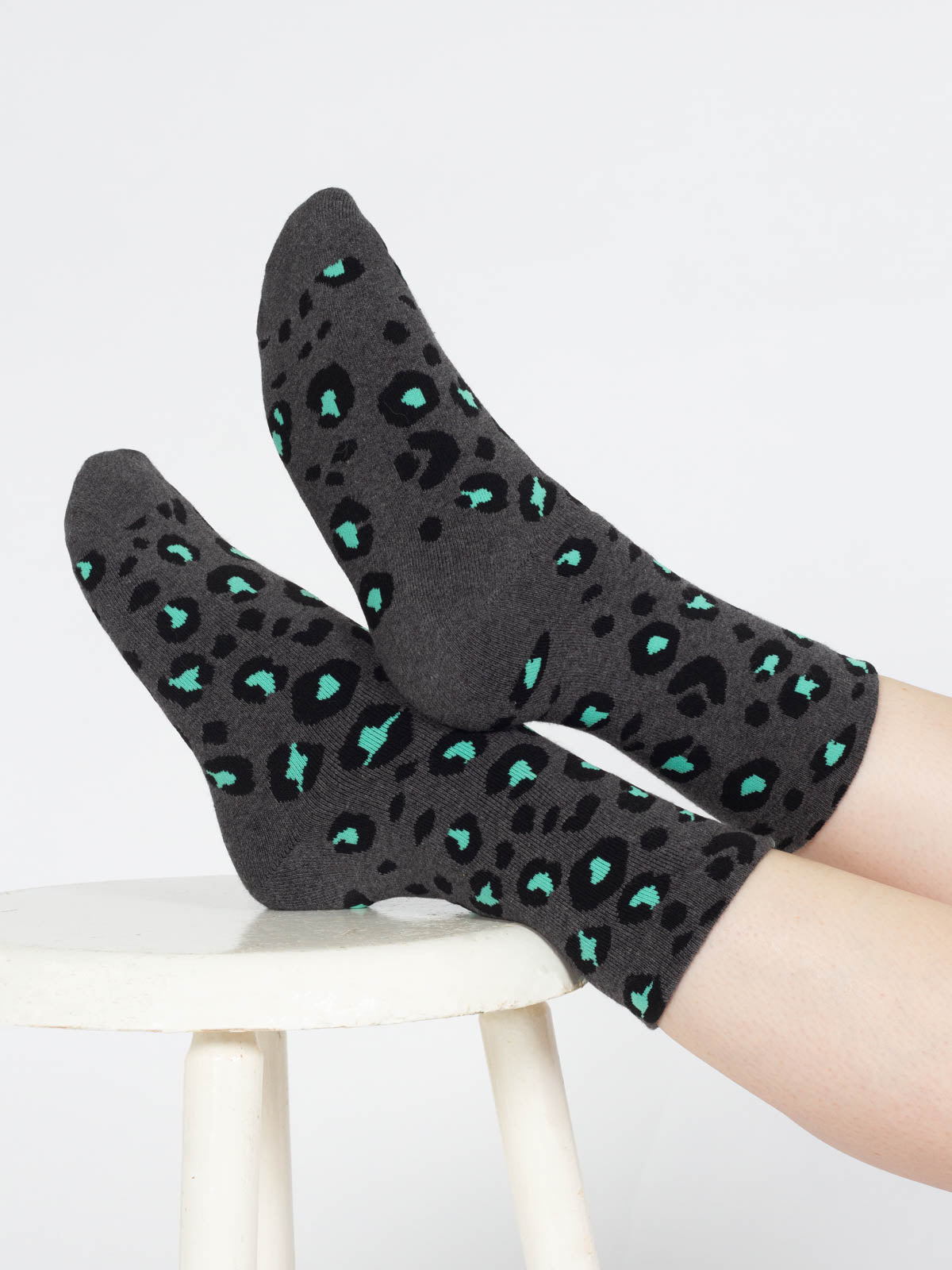 Leopard Walker Organic Cotton Crew Socks - Grey/Mint