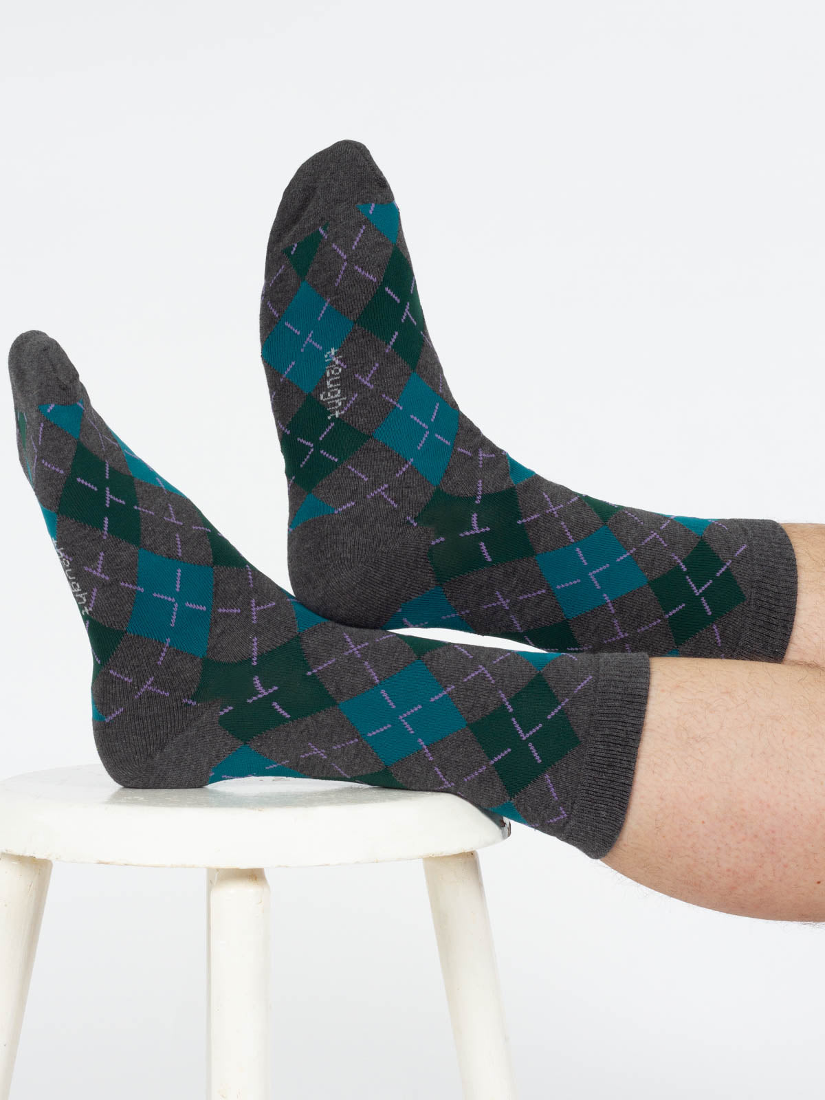 Argyle Bamboo Print Crew Socks - Grey