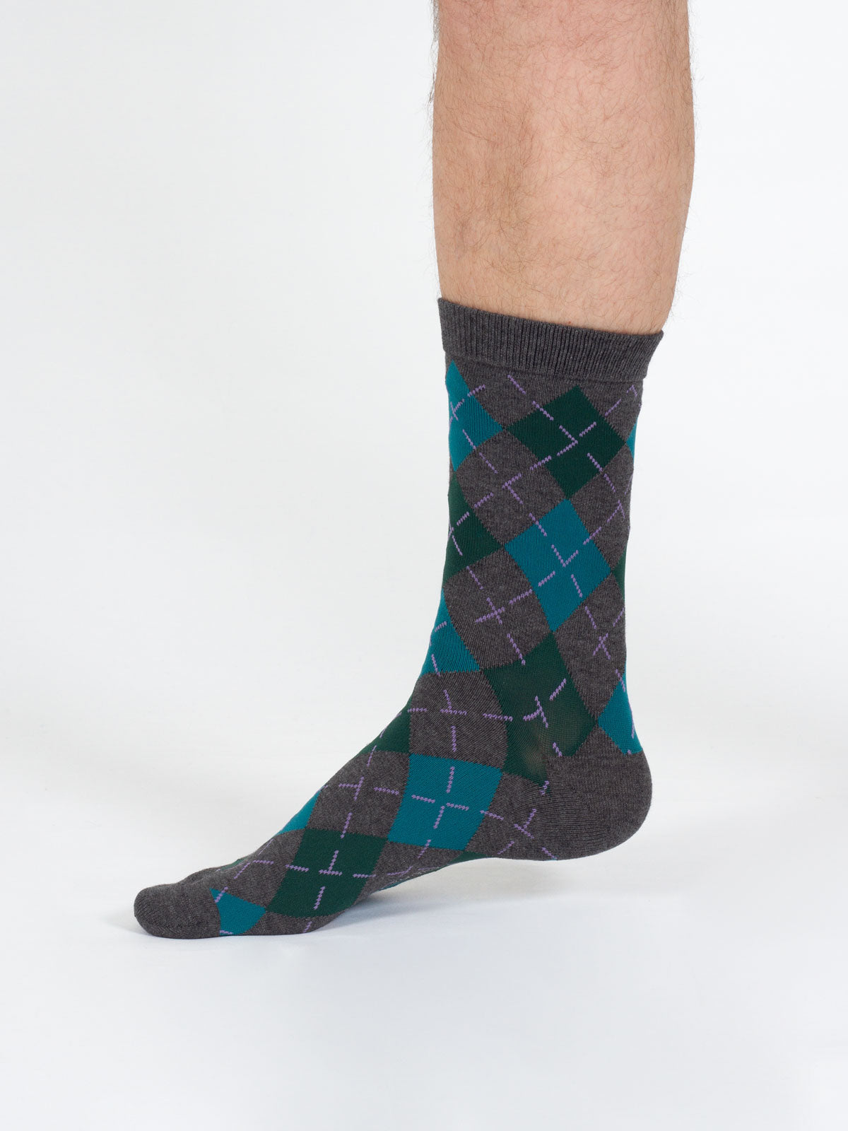 Argyle Bamboo Print Crew Socks - Grey