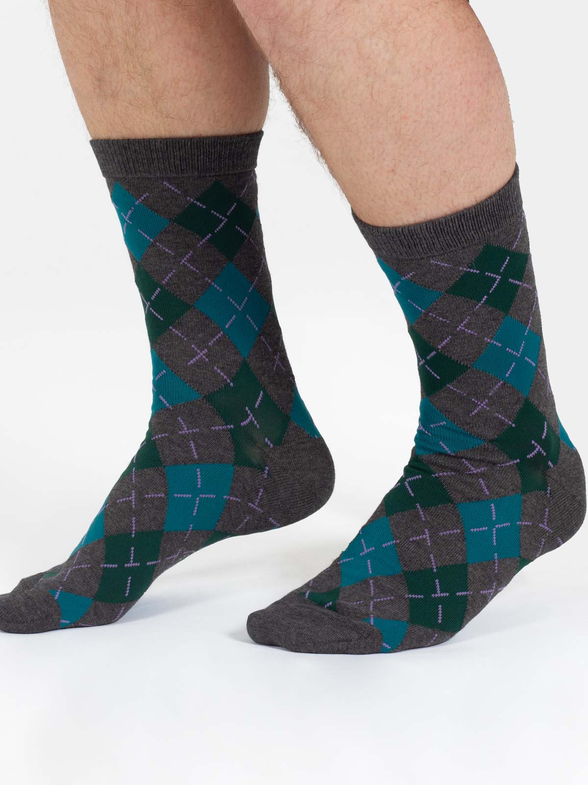 Argyle Bamboo Print Crew Socks - Grey