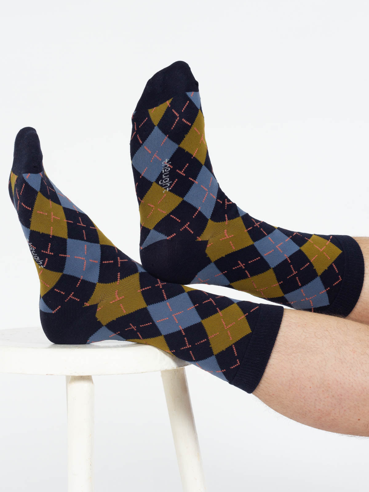 Argyle Bamboo Print Crew Socks - Navy