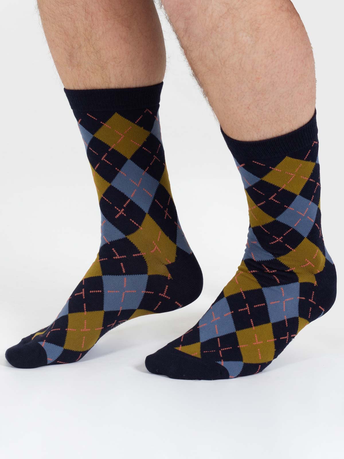 Argyle Bamboo Print Crew Socks - Navy