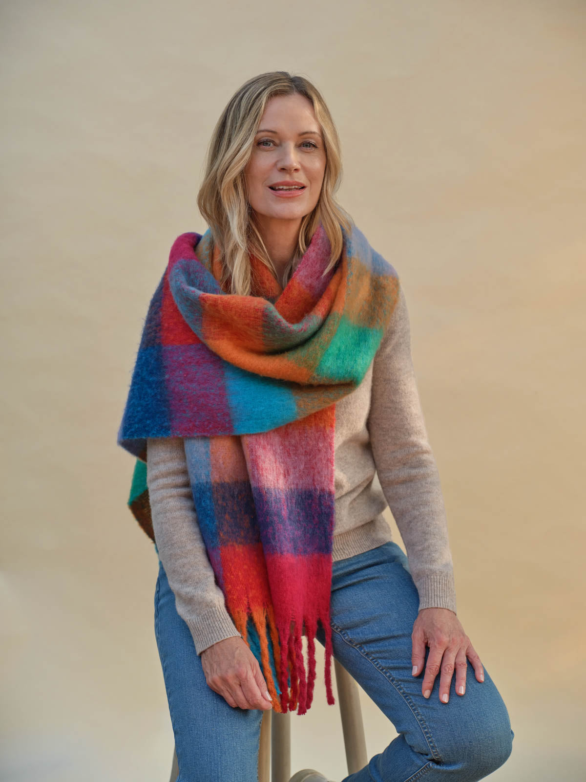 Fluffy Recycled Polyester Blanket Scarf - Multi Block Check