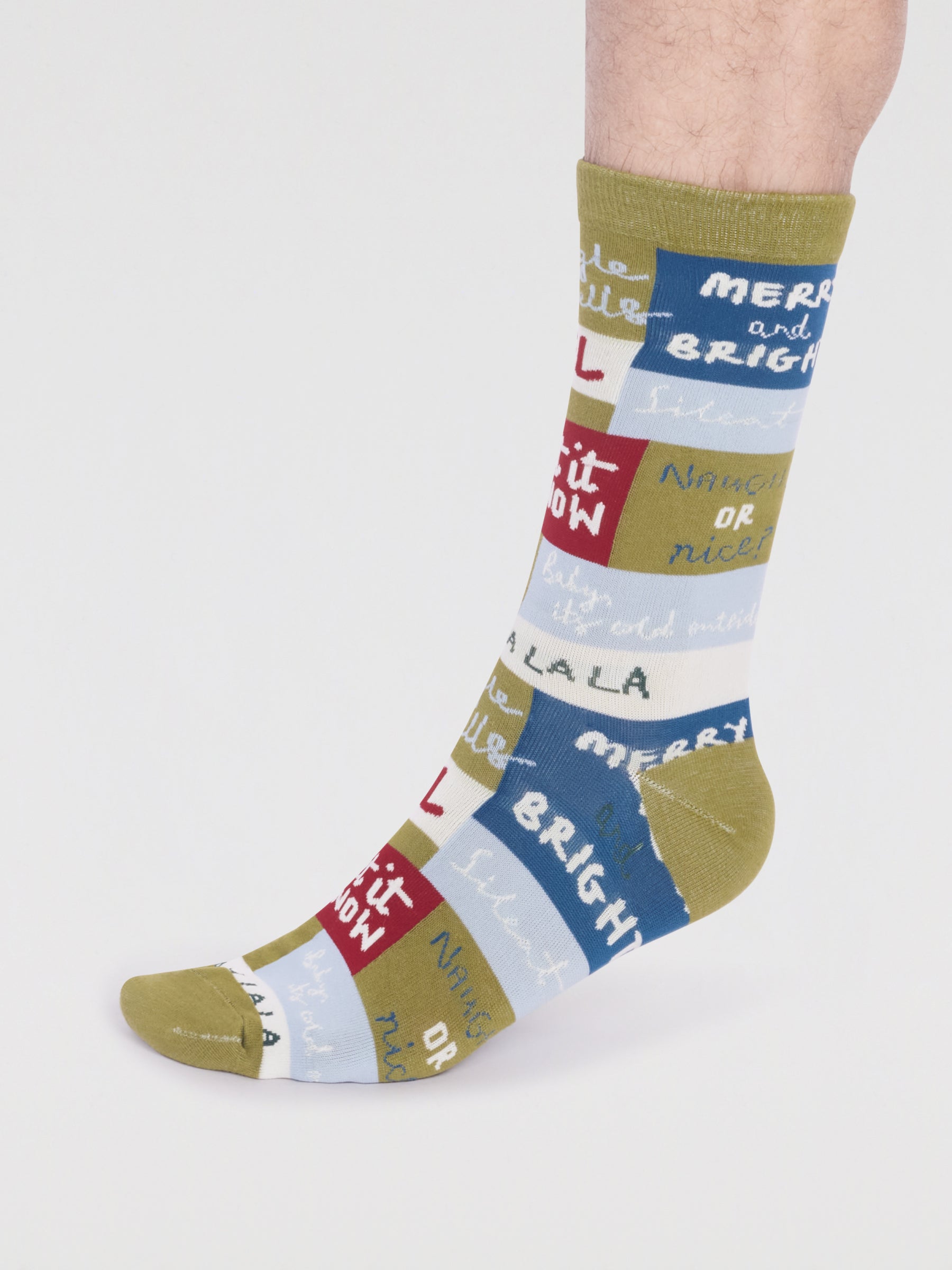 Caleb Organic Cotton Christmas Slogan Socks - Lichen Green