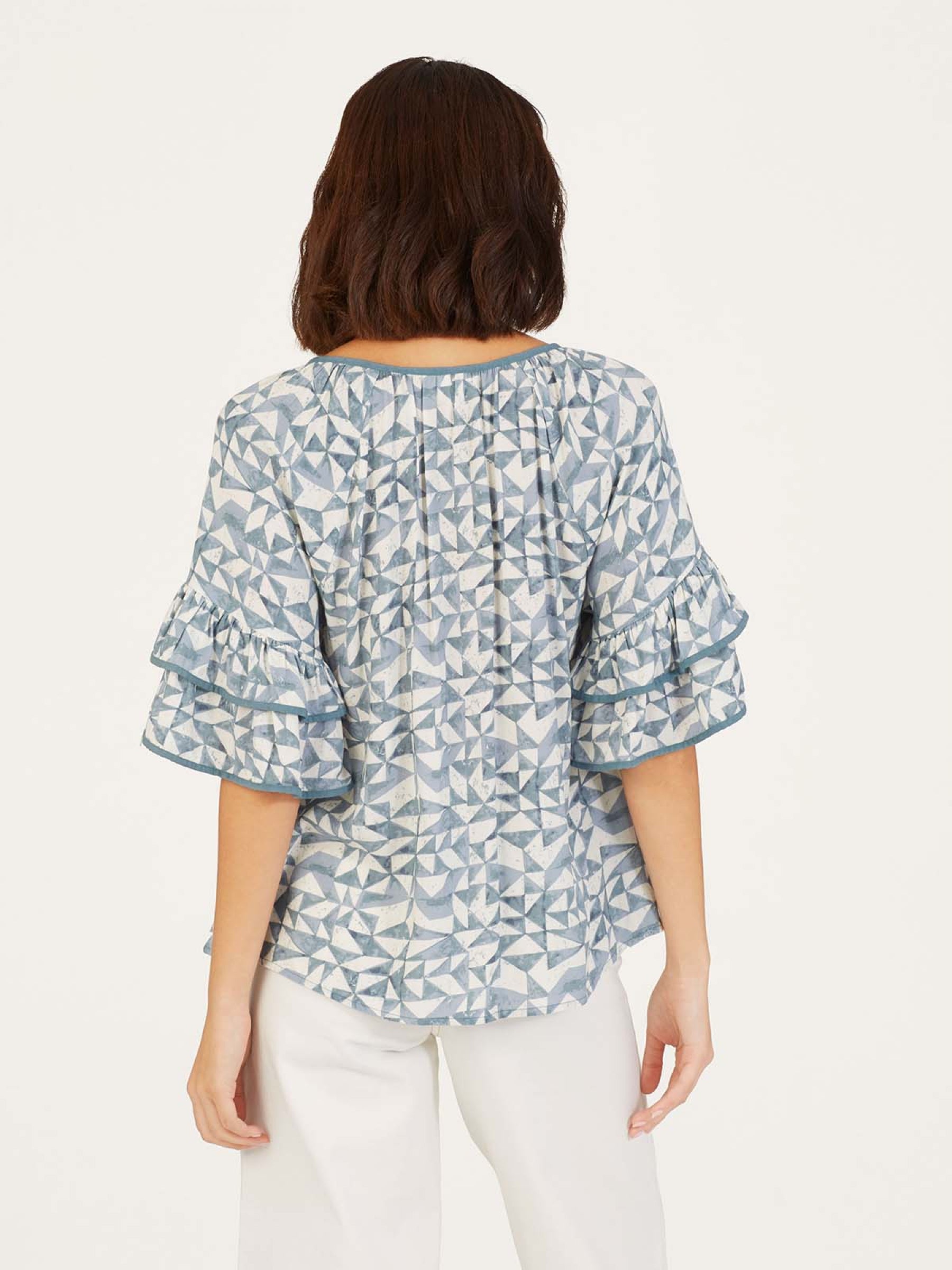 Skye Lenzing™ Ecovero™ Geometric Print Ruffle Top - Dusky Blue