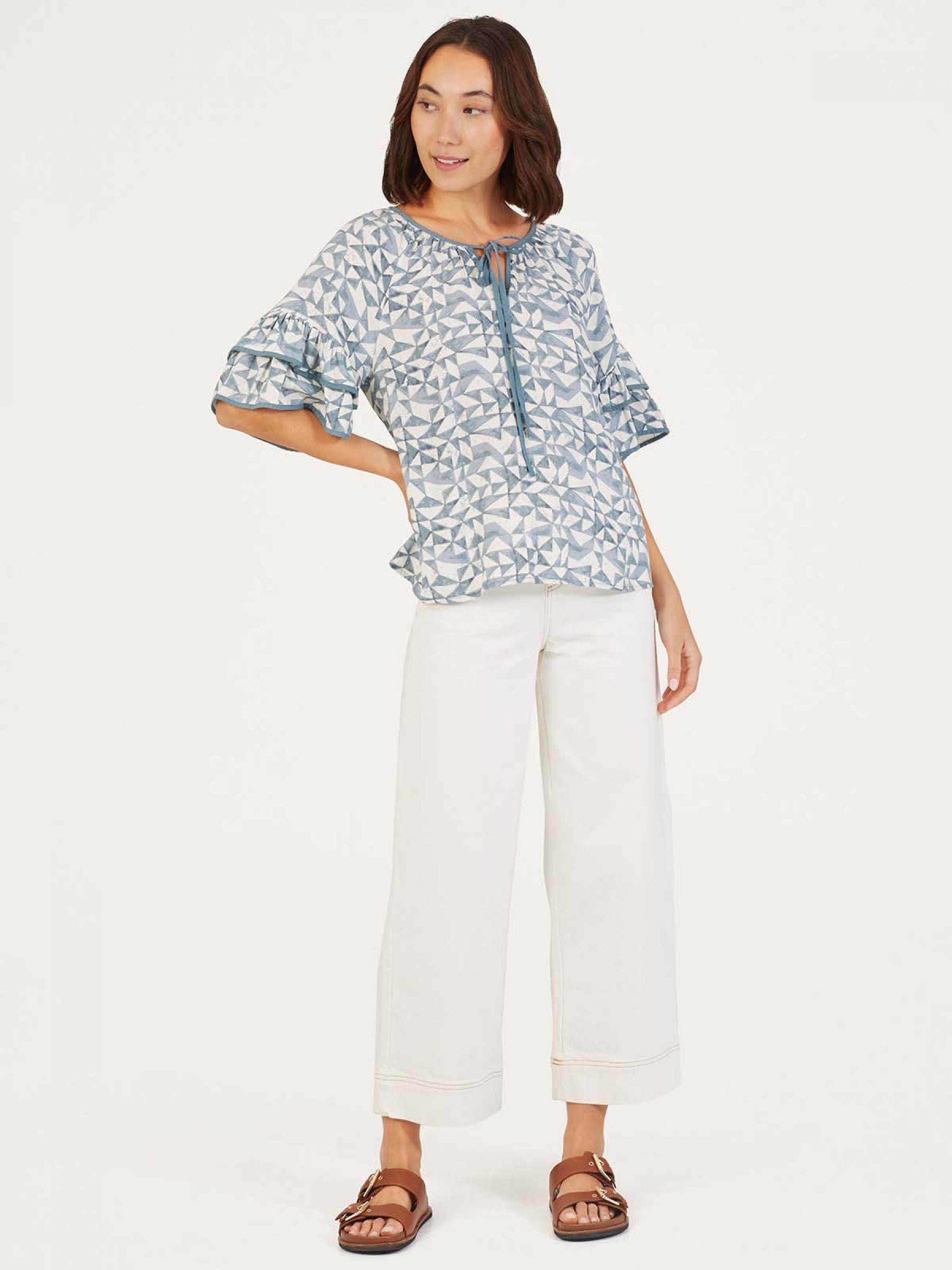 Skye Lenzing™ Ecovero™ Geometric Print Ruffle Top - Dusky Blue