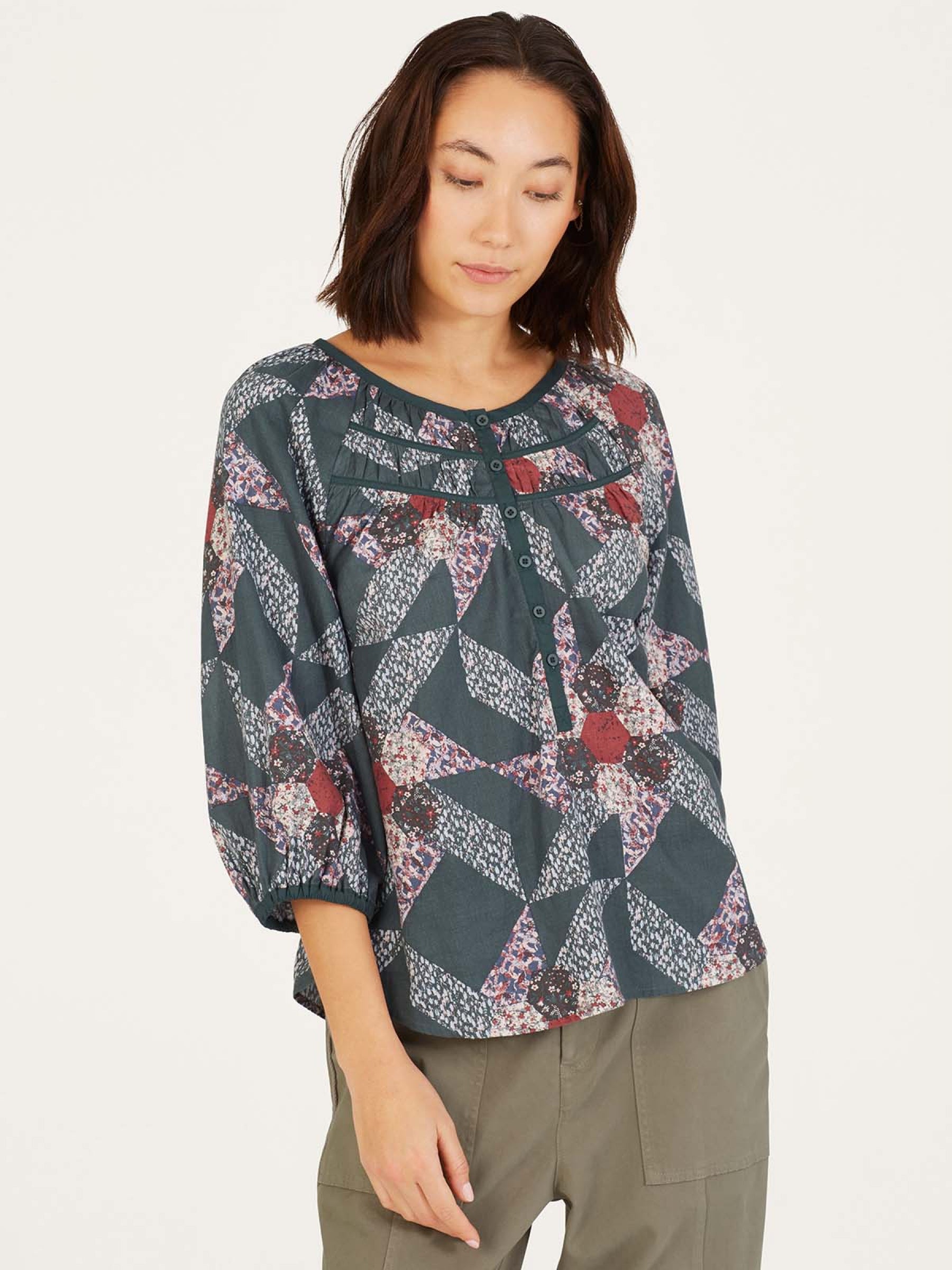 Tarni Hemp Patchwork Blouse - Dark Eucalyptus Green