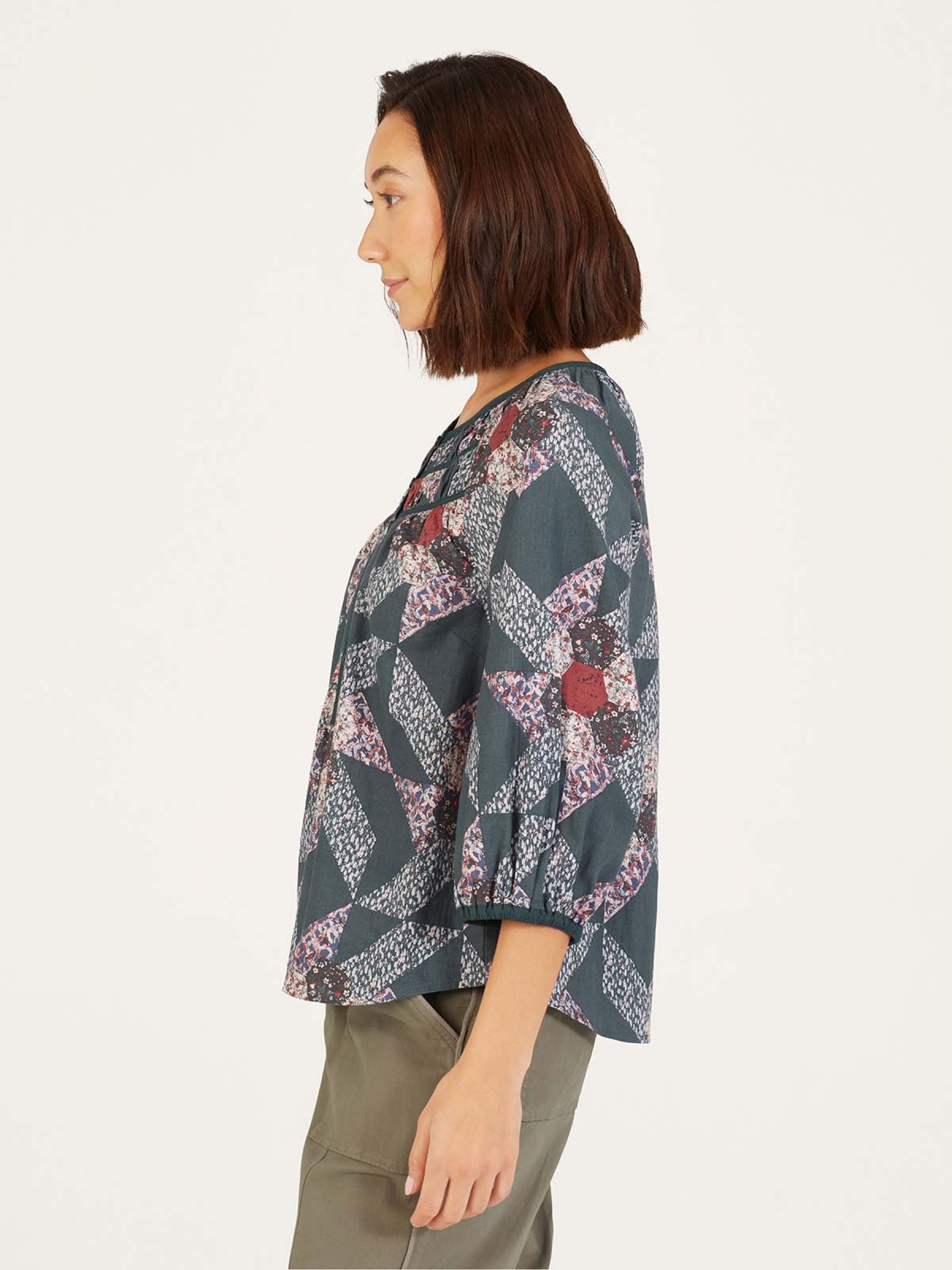 Tarni Hemp Patchwork Blouse - Dark Eucalyptus Green