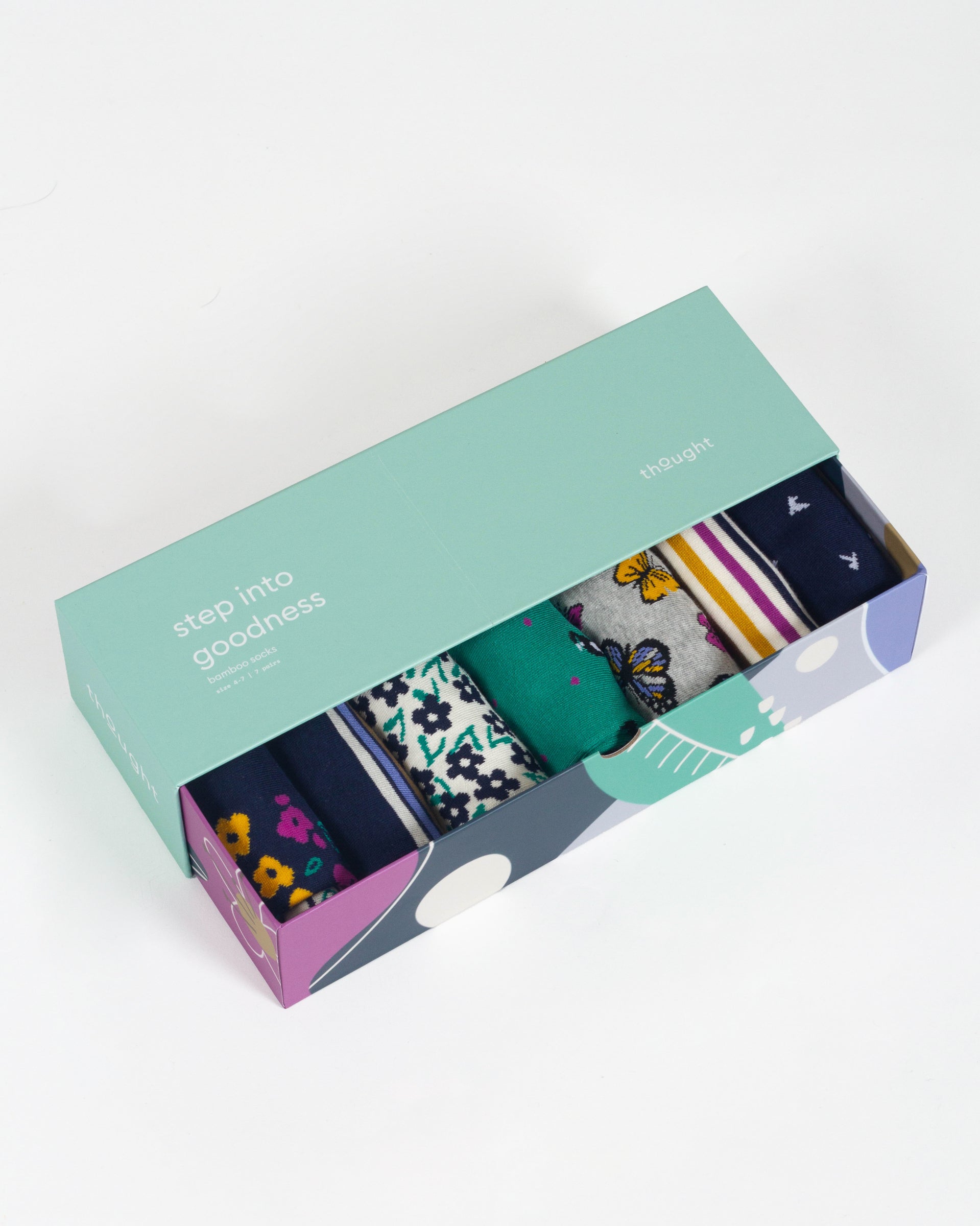 Stripe Floral And Cat Bamboo Gift Box of 7 Socks - Multi Blue Green