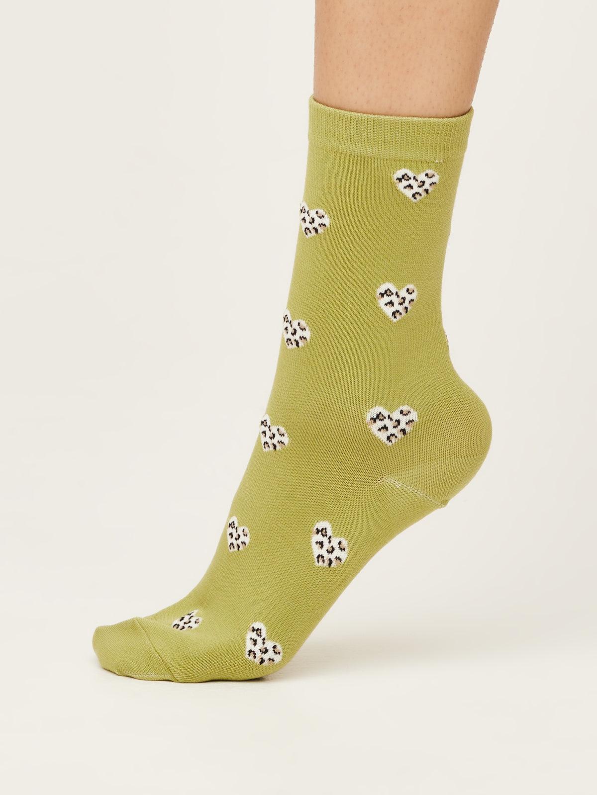 Leopard Heart Socks - Pea Green - Thought Clothing UK