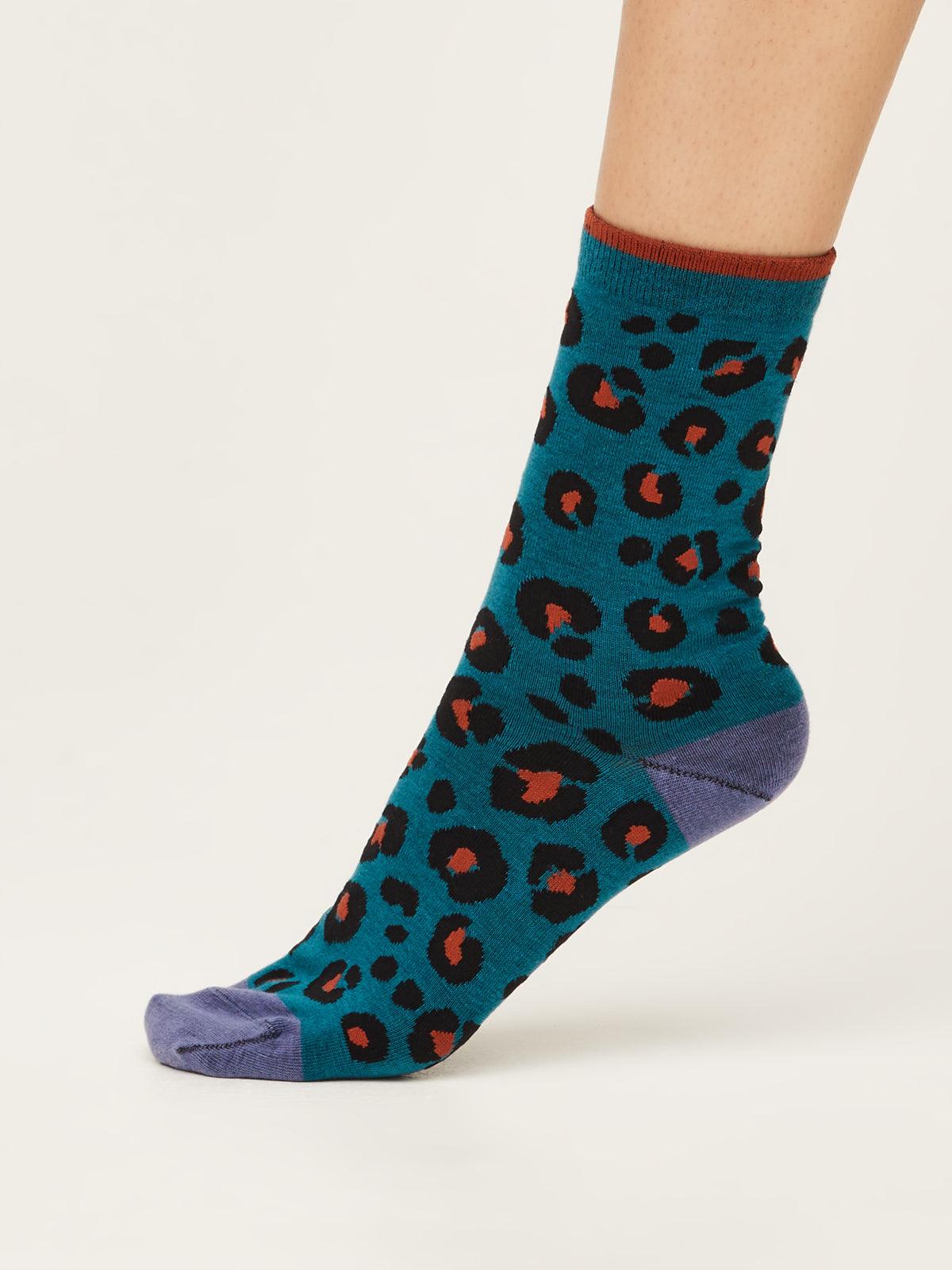 GOTS Leopard Print Socks - Lagoon Blue - Thought Clothing UK