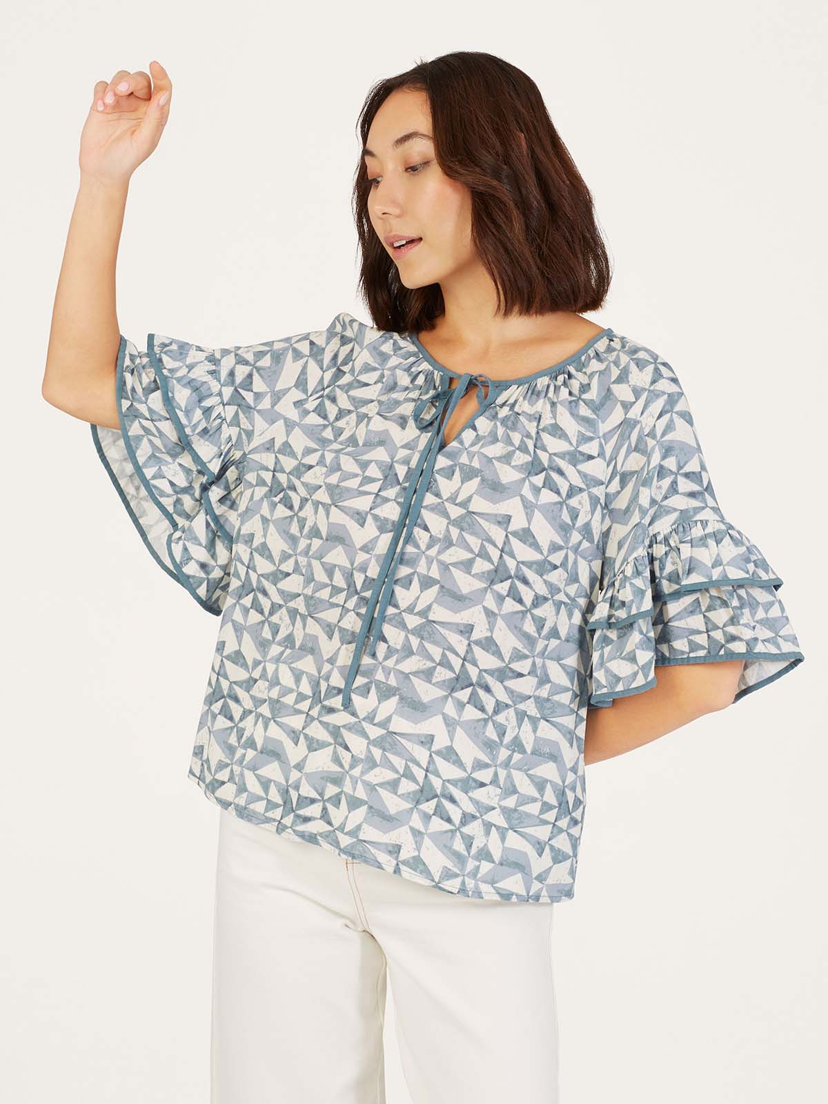 Skye Lenzing™ Ecovero™ Geometric Print Ruffle Top - Dusky Blue